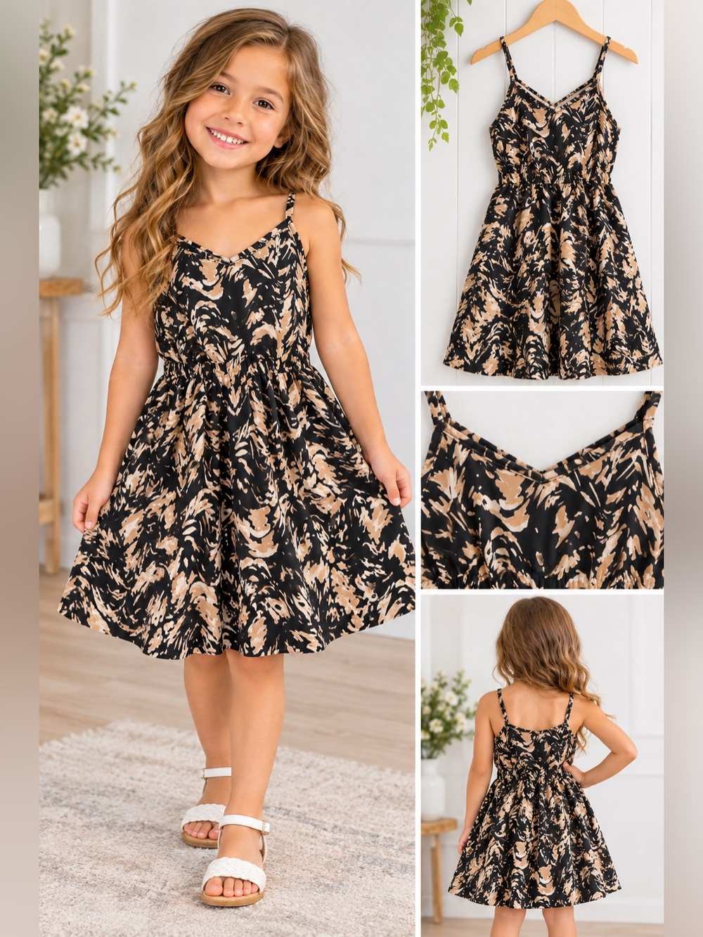 Girls Black and Tan Swirl Print Sleeveless Dress.  Size 5/6